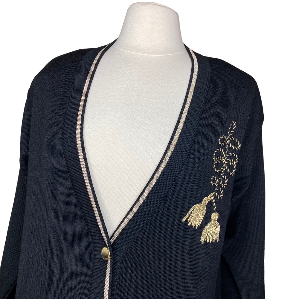 Vintage Talbots Black Wool Cardigan Sweater Gold Trim Sz Medium Made in Italy